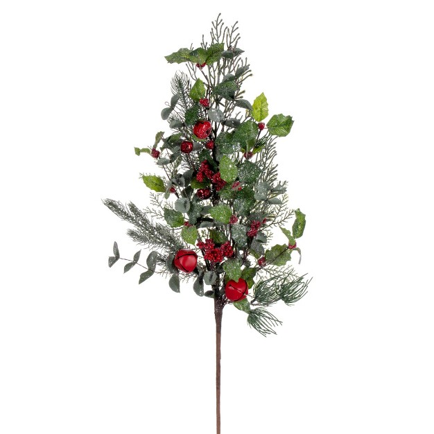 Green Artificial Holly Pine And Red Jingle Bell Spray.