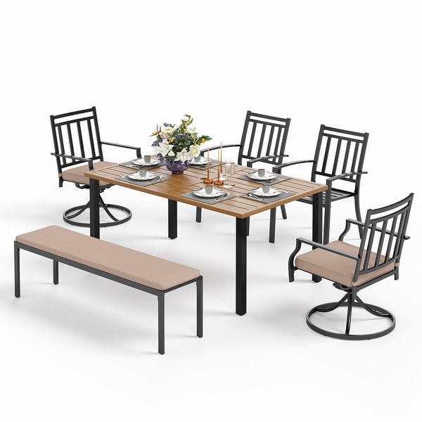 MAISON ARTS Patio Dining Set 6 Pieces with 1 Rectangle Teak Color Table，2 Swivel Chairs，2 Stackable Chairs and 1 Bench