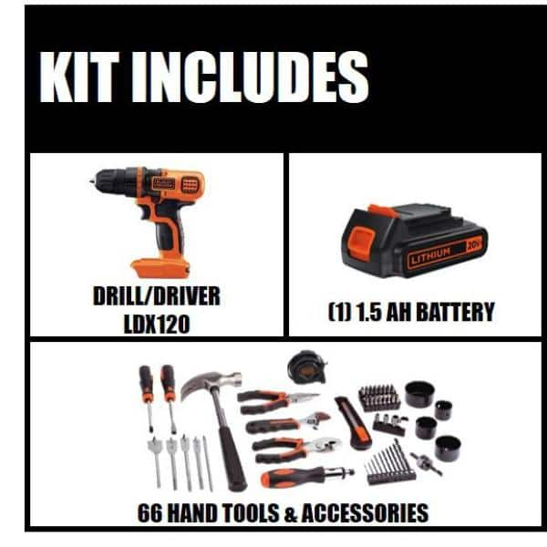 BLACK+DECKER 20V MAX Lithium-Ion Cordless Drill and Project Kit with (1) 1.5Ah Battery, Charger, and Kit Bag LDX120PK