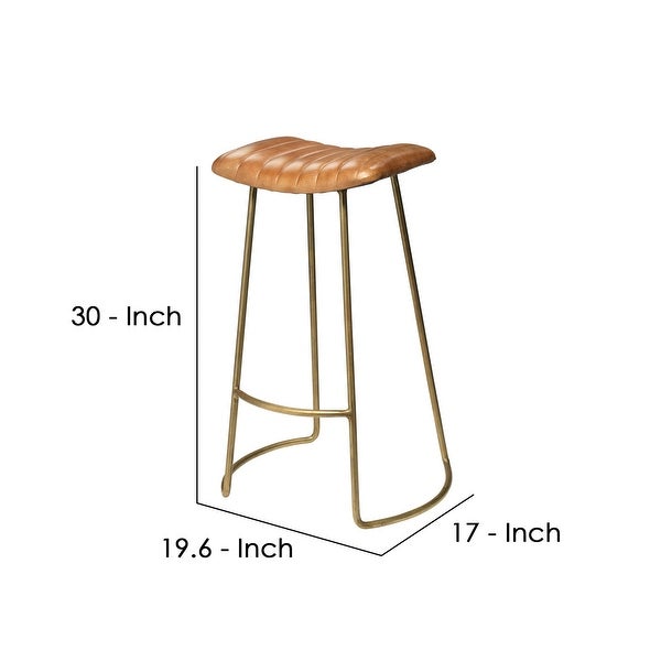 Bar Stool with Stitched Leatherette Seat， Gold and Brown