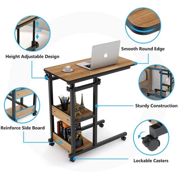 Height Adjustable C Table with Storage Shelves and Wheels， Mobile Sofa Side Table End Table Snack Table