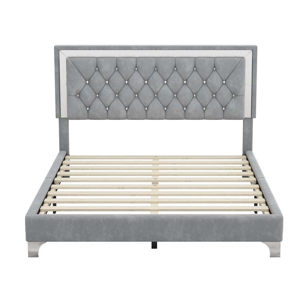 Queen Size Velvet Platform Bed with Crystal Tufted Headboard