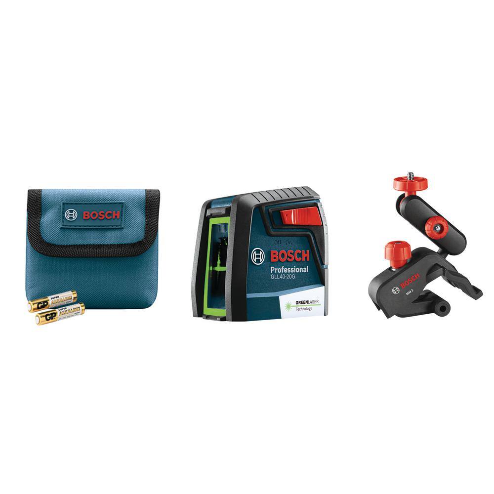 Bosch 40 ft. Green Cross Line Laser Level Self Leveling with VisiMax Technology 360 Degree Mounting Device and Carrying Pouch GLL 40-20 G