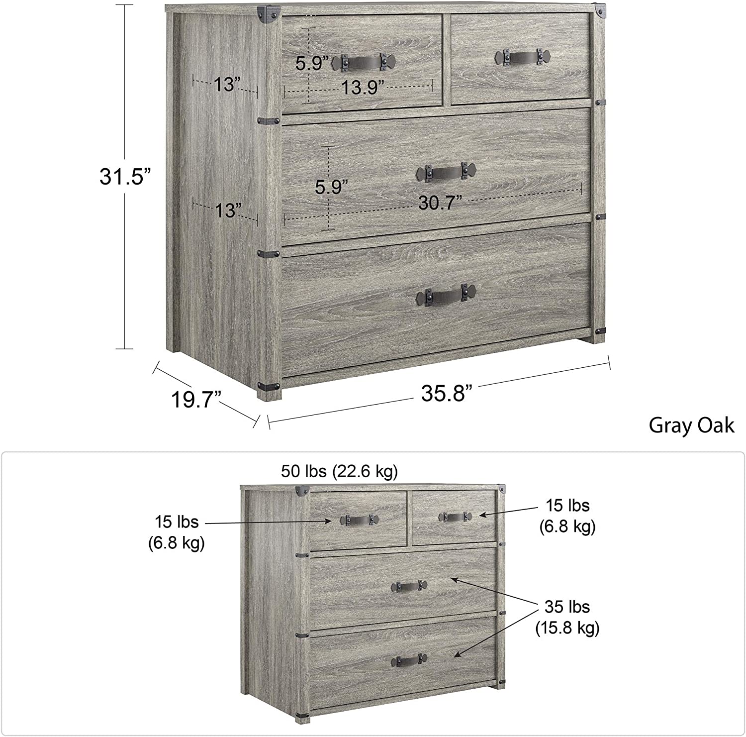 GUVSOETS Nova 4 Drawer Storage Grey Dresser, Gray Oak