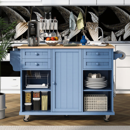 Kitchen Island， Trolley Cart Utility Cabinet on Wheels with Storage， Spice Rack with Drawers and Storage Cabinets， Kitchen Island with Rubber Wooden Countertop， Towel Racks， Adjustable Shelves，Blue