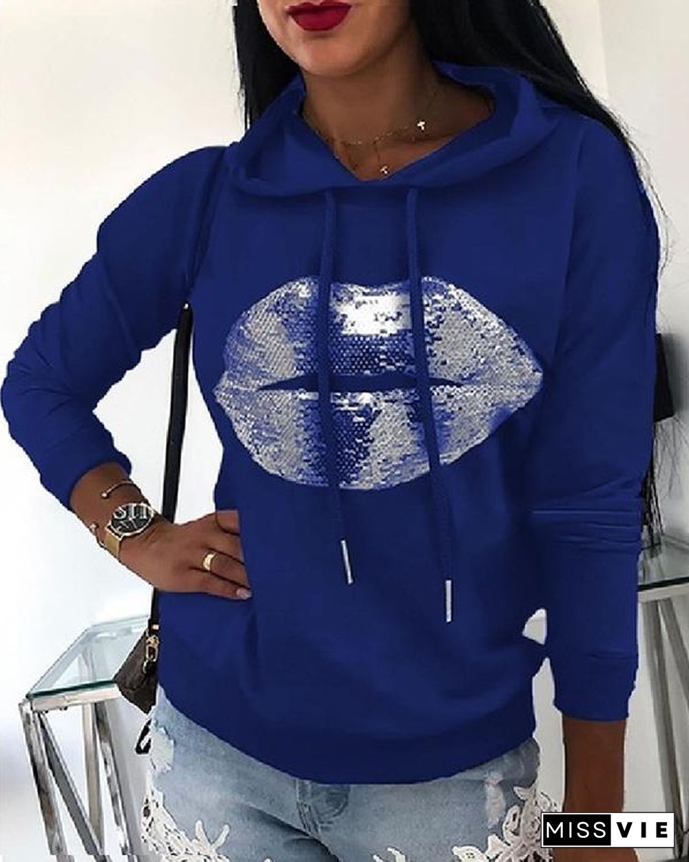 Fall Winter Printed Lip Loose Hoodies