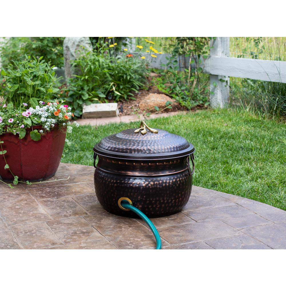 BirdRock Home Distressed Bronze Embossed Garden Hose Pot with Lid 11062