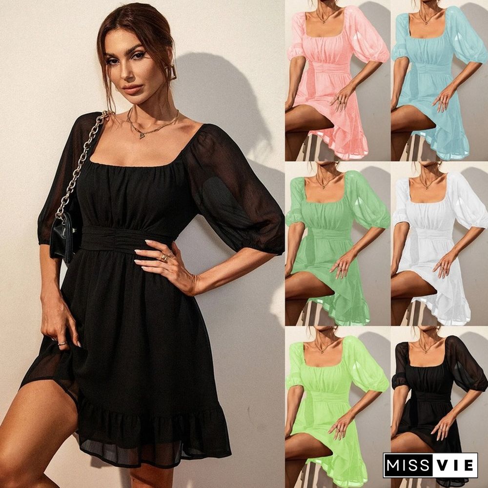 Sexy Backless Lace-up Mini Dress Women Summer Dresses New Solid Square Neck Waist Lace-back Mesh Short Balloon Sleeve Dress