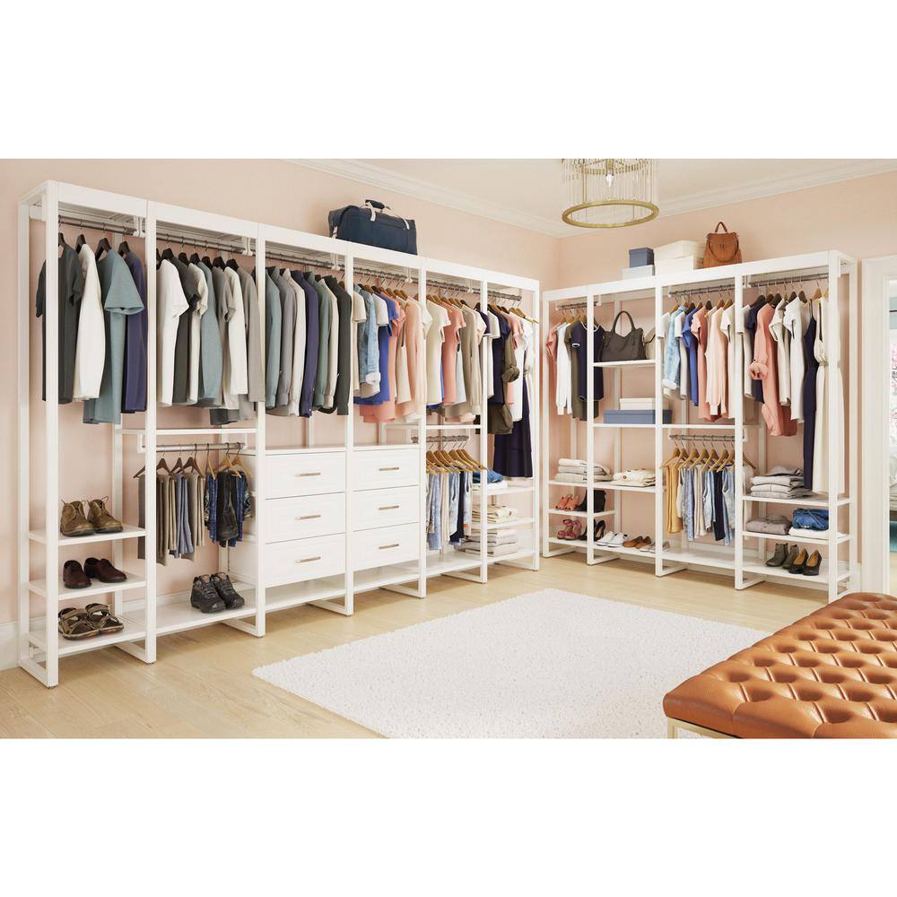 CLOSETS By LIBERTY 132 in. W White Adjustable Wood Closet System with 16-Shelves 6-Rods and 9-Drawers HS47557-RW-11