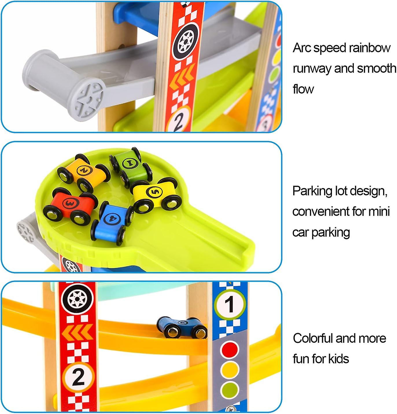 Wooden Car Ramp Racer Toy， Toddler Race Track Toy With 6 Mini Cars And Parking Lot， Wooden Car Ramp Toy For Toddlers Toys For 2 3 Year Old Girls And B