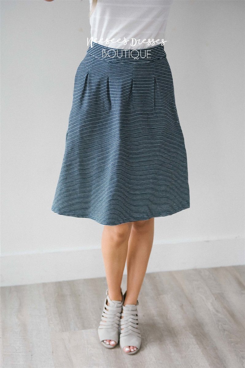 Navy Striped Aline Pocket Skirt