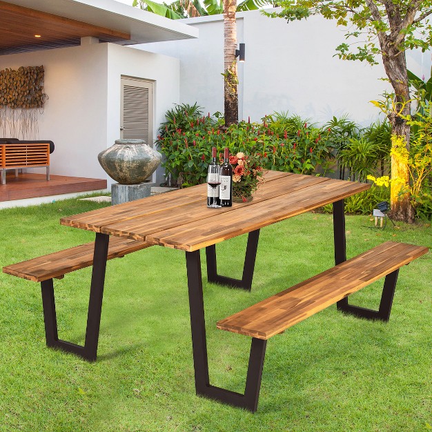 Costway Patented Picnic Table With 2 Benches 70 x27 x27 Dining Table Set With Seats And Umbrella Hole