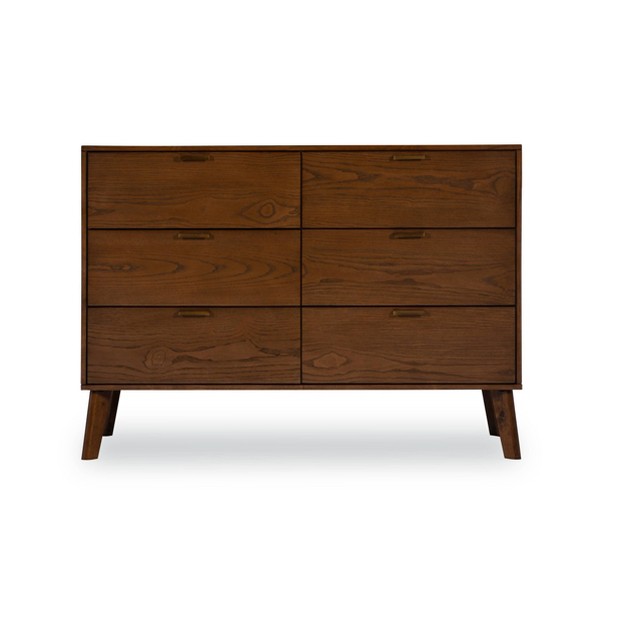 Reid Mid century Modern Wood 6 Drawer Chest Dresser Walnut Linon