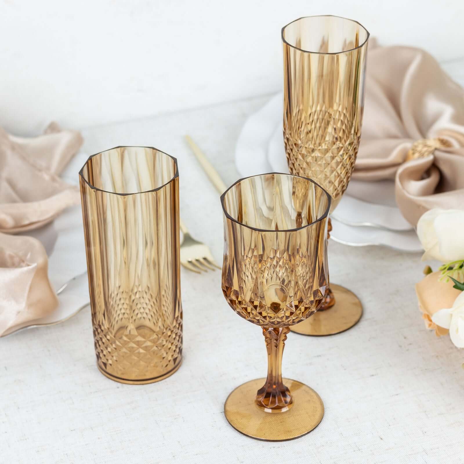 6 Pack Amber Gold Crystal Cut Reusable Plastic Wine Glasses, Shatterproof Cocktail Goblets 8oz