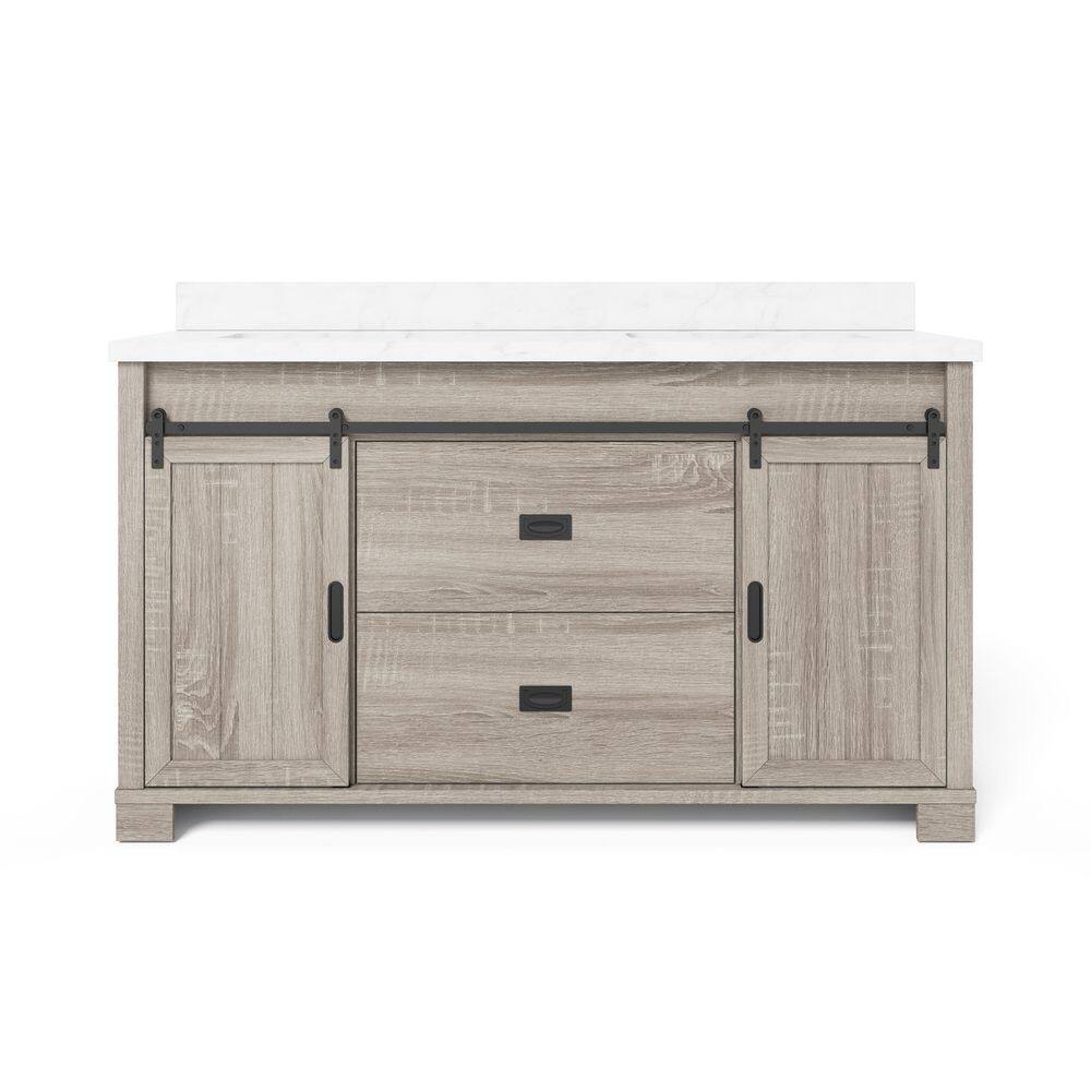 Glacier Bay Brindley 60 in. W x 20 in. D x 34.5 in. H Barn Door Bath Vanity in Weathered Gray with Engineered Stone Top HDBD60VG