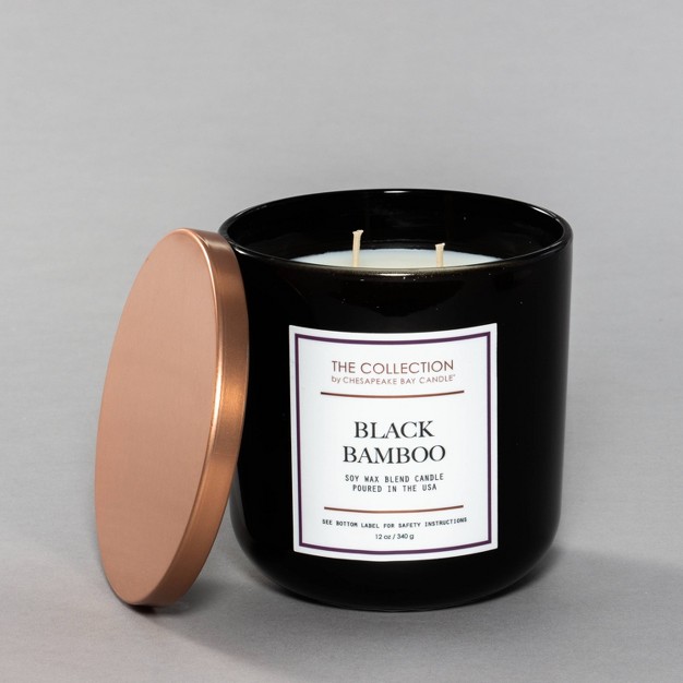 2 wick Black Glass Black Bamboo Lidded Jar Candle 12oz The Collection By Chesapeake Bay Candle