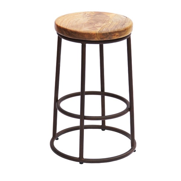 24 Inch Mango Wood Counter Height Barstool With Iron Base， Brown And Black