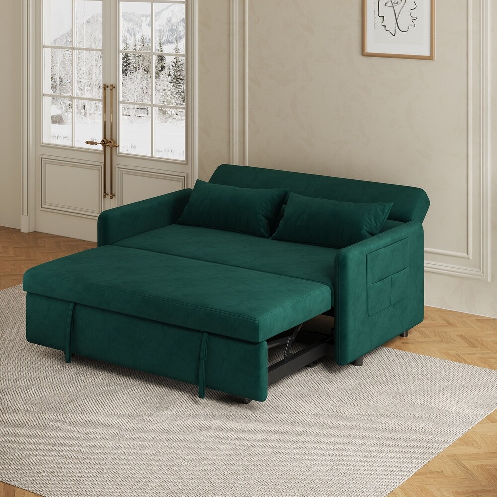 Modern Sleeper Loveseat with Pull out Sofa Bed  Pillows for Living Room  Velvet Folding Loveseat Recliner Bed with Pocket  Green