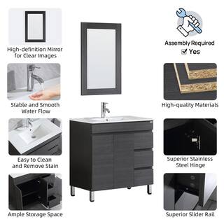 walsport Wonline 32 in. W x 19 in. D x 60 in. H Single Sink Bath Vanity in Black with Ceramic Vessel Sink Top and Mirror USBR4568+USBR4575