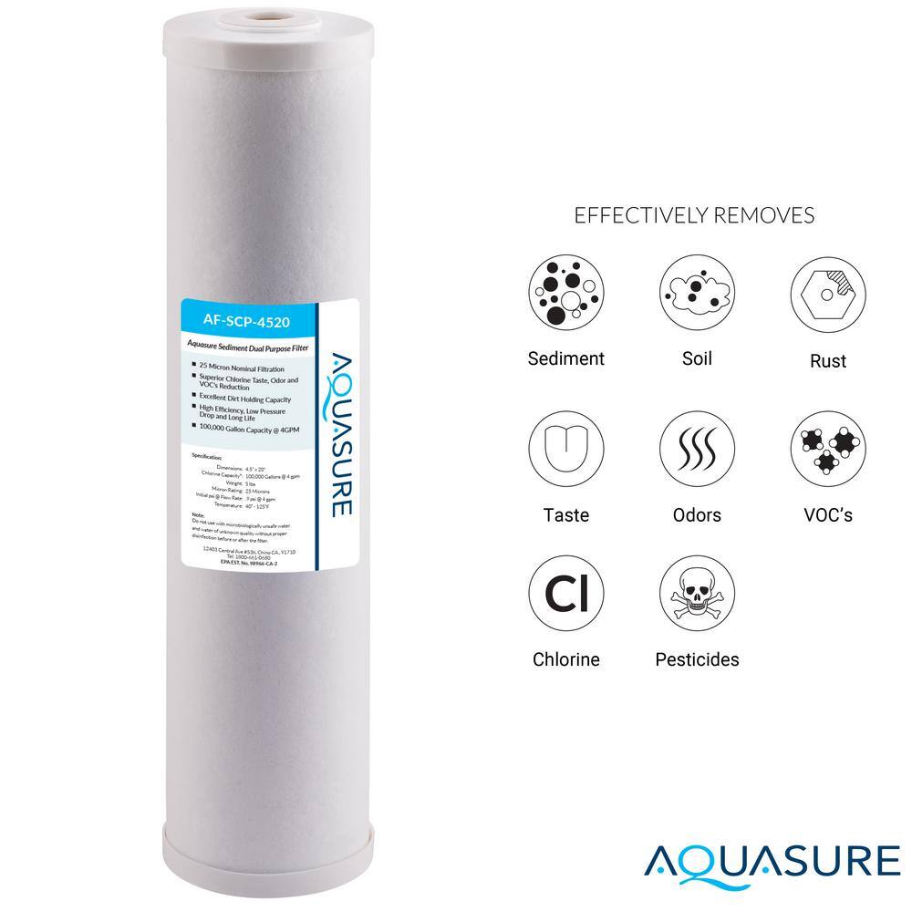 AQUASURE Fortitude High Flow Whole House 25 Micron Sediment Carbon Dual Purpose Water Treatment System 20 in. x 4.5 in. AS-F120SCP