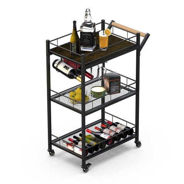 3 Tier Metal Rolling Storage Cart， Kitchen Server Cart Pantry Cart with Wheels Wood Look Top， Mesh Shelves，Rolling Utility Cart