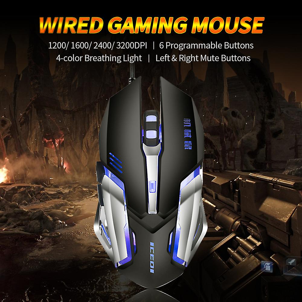 Wired3200 Dpi Gaming Mouse 4 Adjustable Dpi Levels/6 Programmable Buttons/4-color Breathing Light/ Leftandright Mute Buttons Black Black