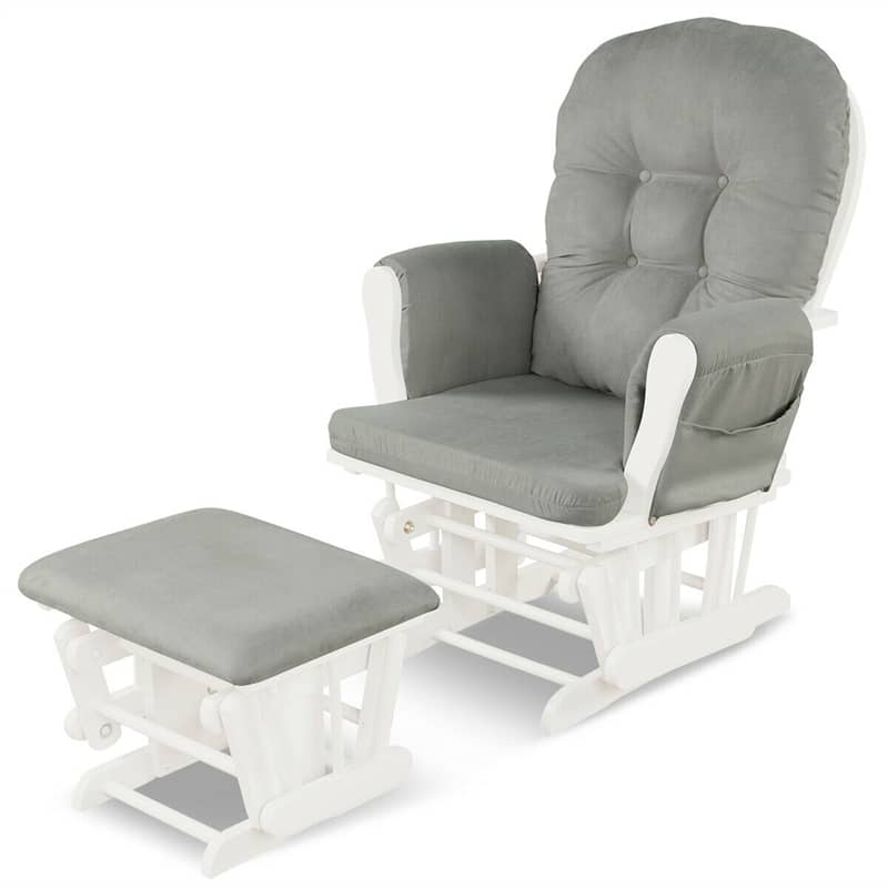 Wood Baby Glider Rocking Chair Nursery Chair with Gliding Ottoman & Storage Pocket