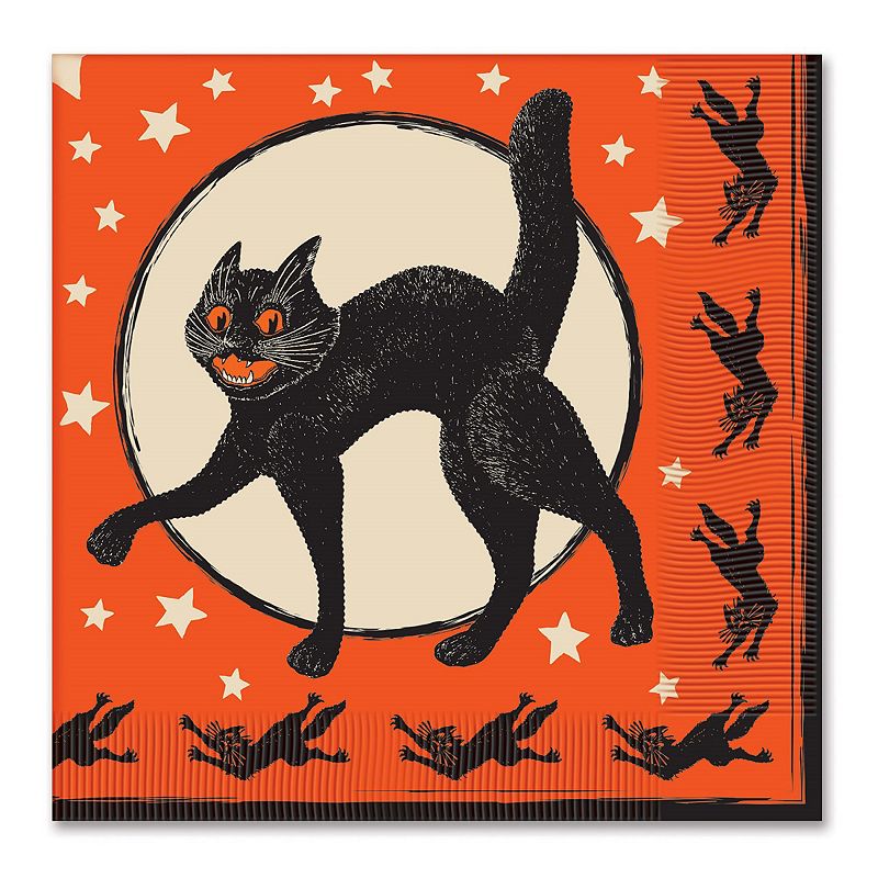 Club Pack of 192 Orange and Black 2-Ply Vintage Cat Halloween Disposable Lunch Napkins 6.5