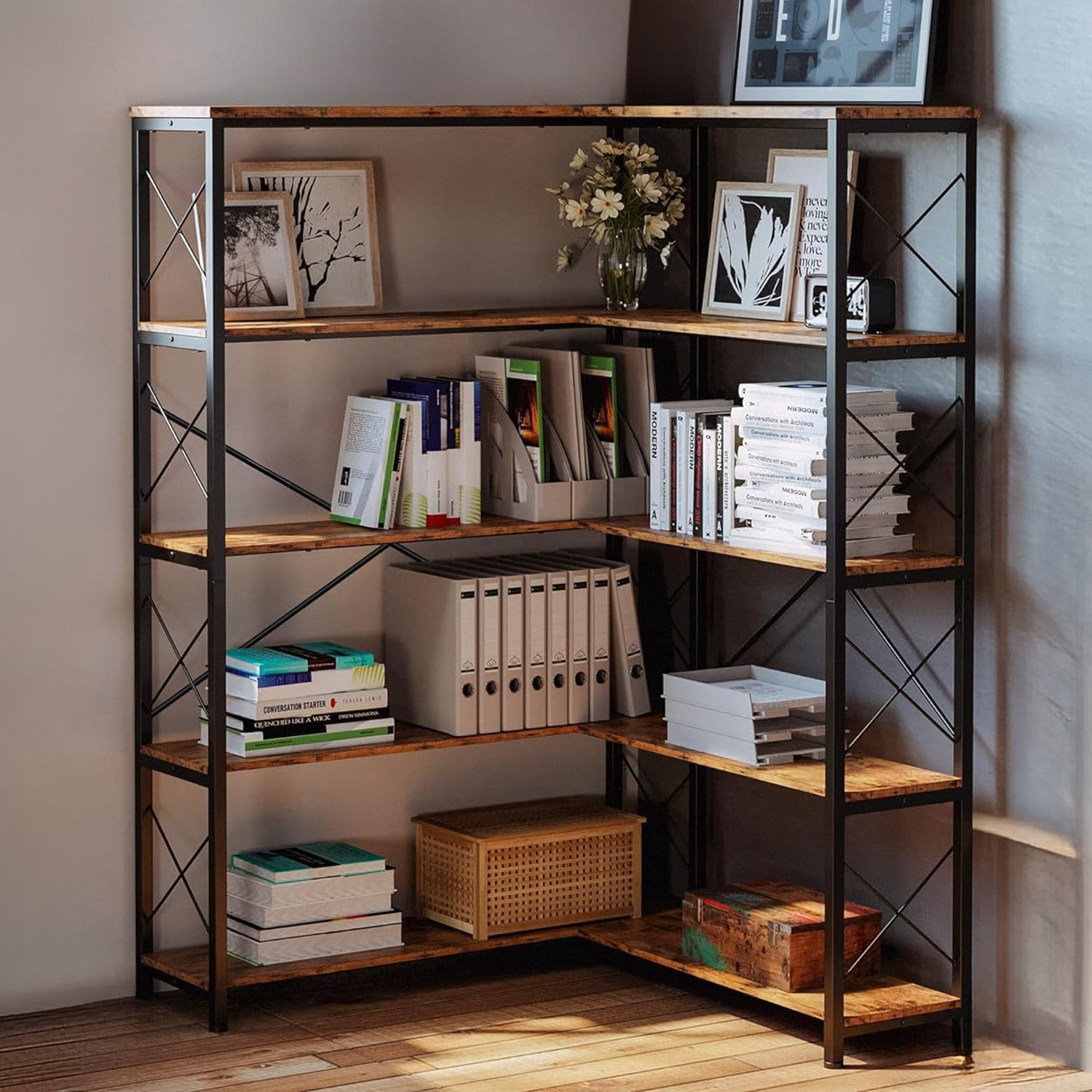 Corner Bookshelf 5 Tiers/6 Tiers Industrial Bookcases Shelf Storage Rack with Metal Frame