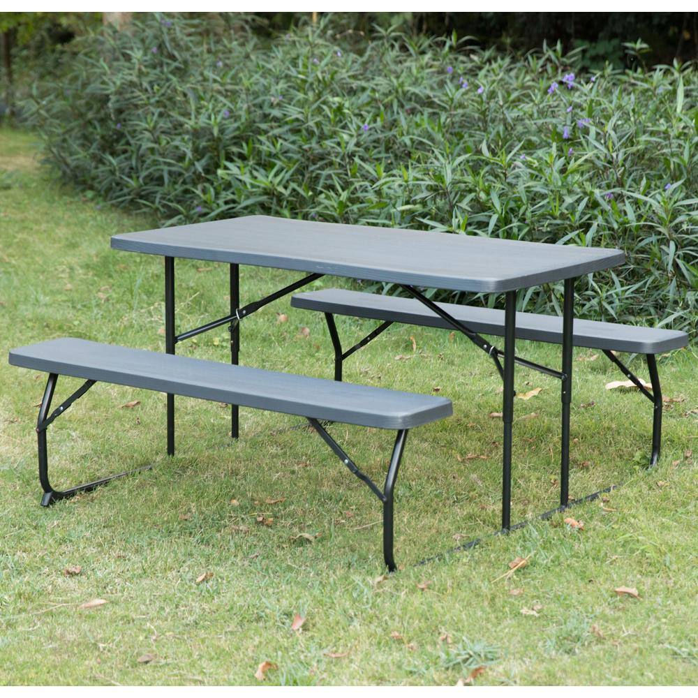 Gardenised Woodgrain Plastic and Steel Gray Outdoor Foldable Portable Picnic Table Set QI003910GY