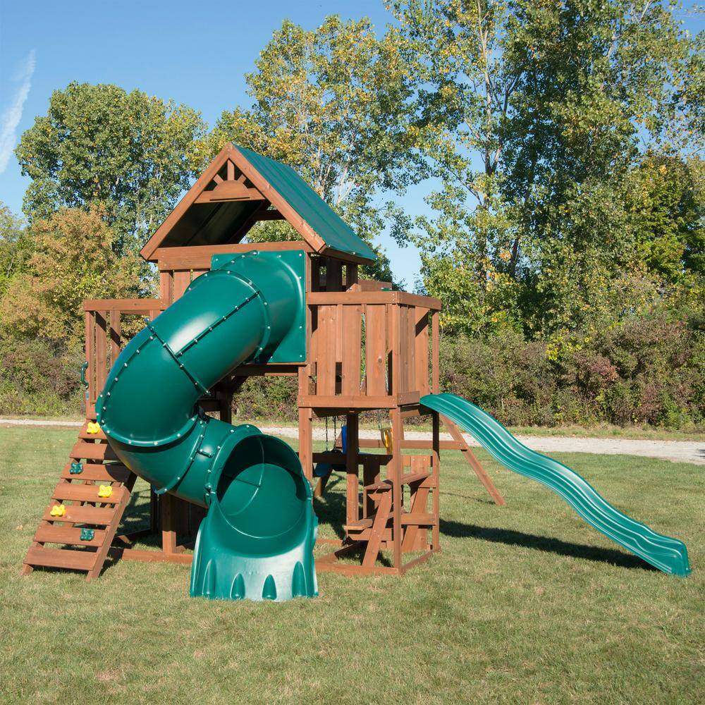 Swing-N-Slide Playsets Tellico Terrace Ready-To-Assemble Wooden Outdoor Playset with 2 slides Rock Wall Tarp Roof and Swing Set Accessories WS 8359