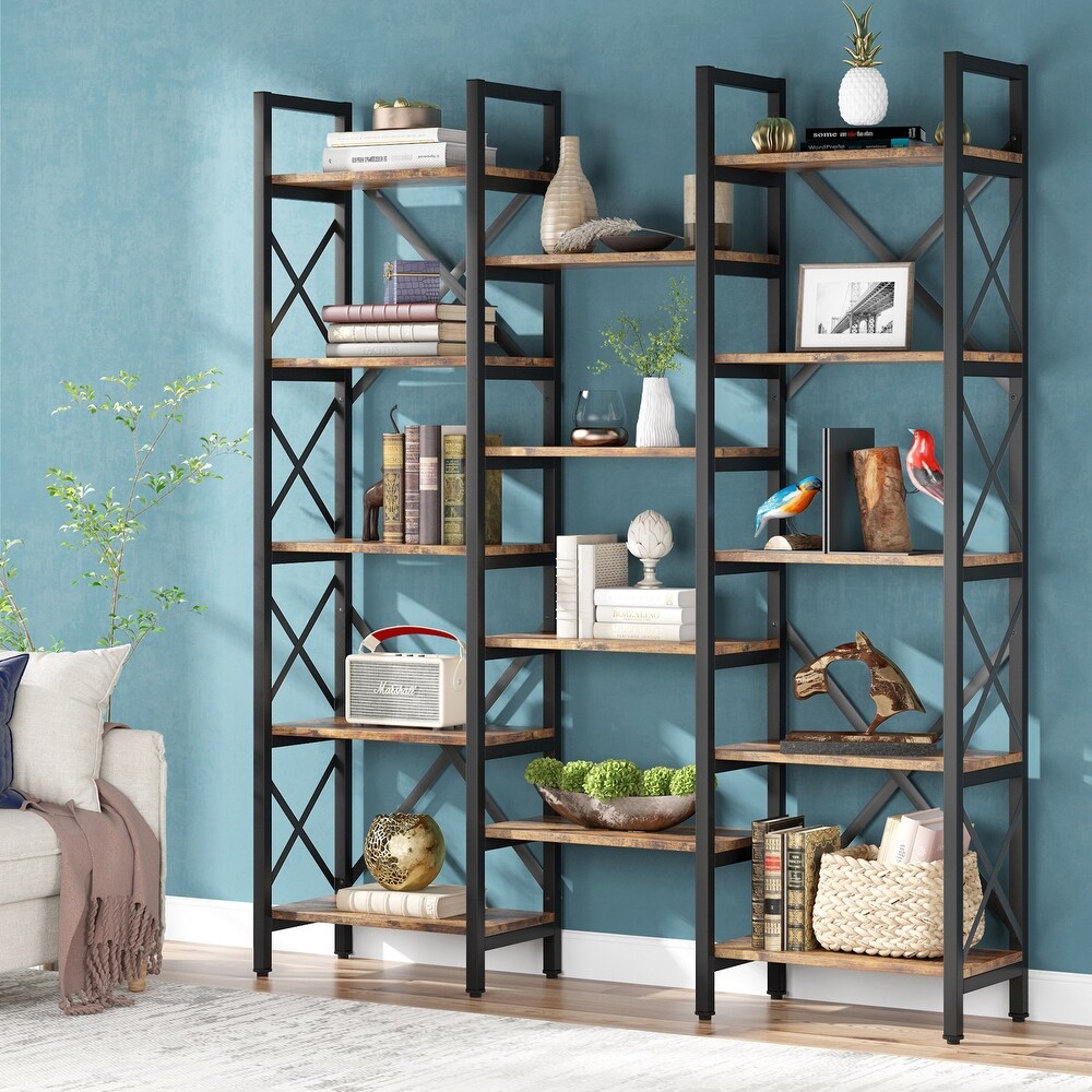 Triple Wide 5 Shelf Bookcase  Etagere Large Open Bookshelf Vintage Industrial Style Shelves Wood and Metal bookcases