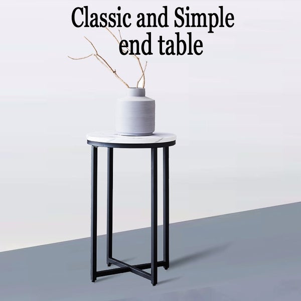 Side Table/End Table with Marble Color Table Top and X-shaped Metal Frame