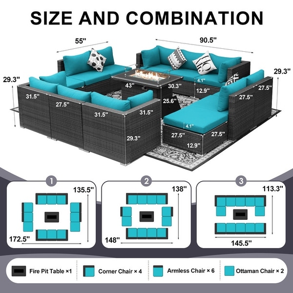 Nicesoul Outdoor Grey Wicker Sectional Furniture Patio Sofa Set with Firepit Table