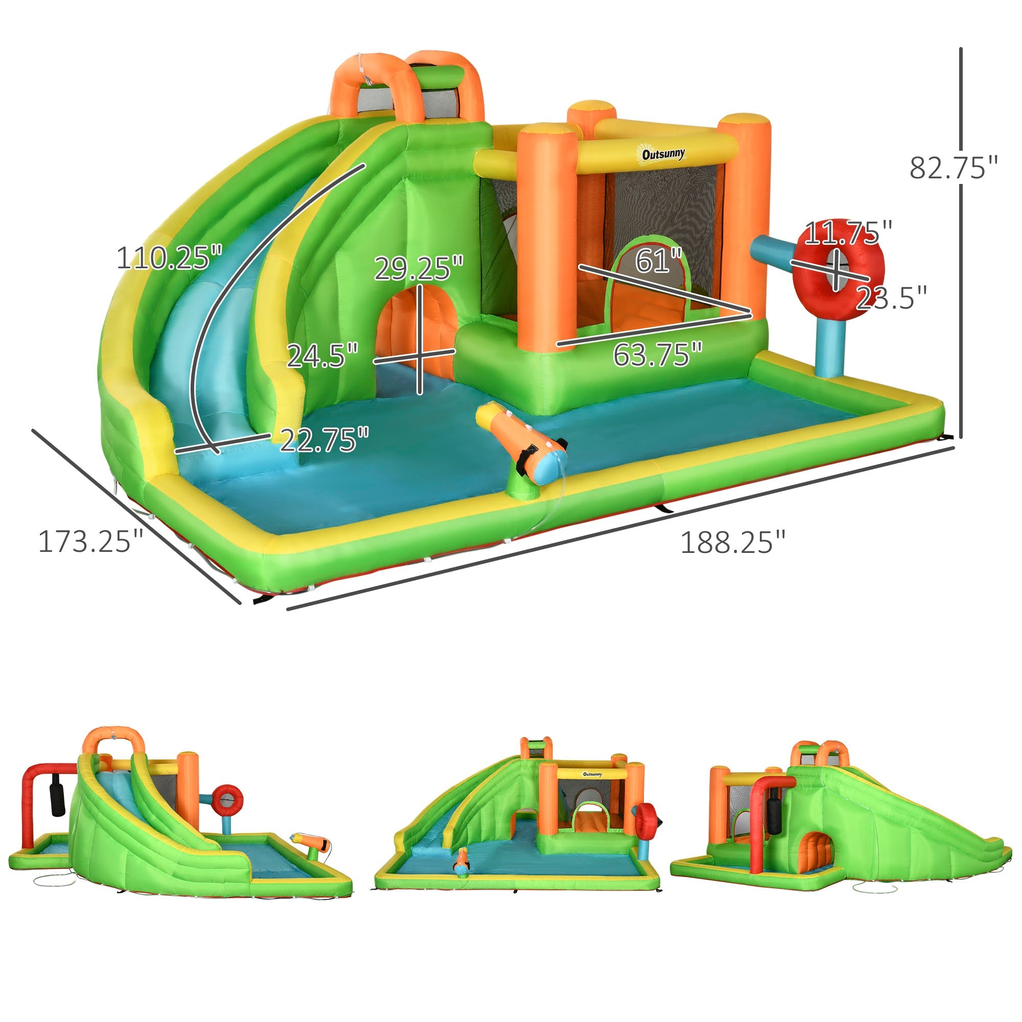 Outsunny 7-in-1 Inflatable Water Slide, Kids Castle Bounce House Includes Slide, trampoline, Pool, Water Cannon, Ball-target, Boxing Post, Tunnel with Carry Bag, Repair Patches, 750W Air Blower