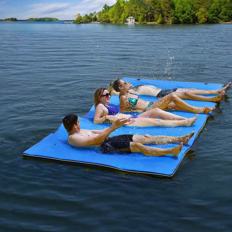 9 x 6 FT Floating Water Pad, 3-Layer XPE Foam Water Mat with Rolling Pillow, Floating Island for River Lake Ocean