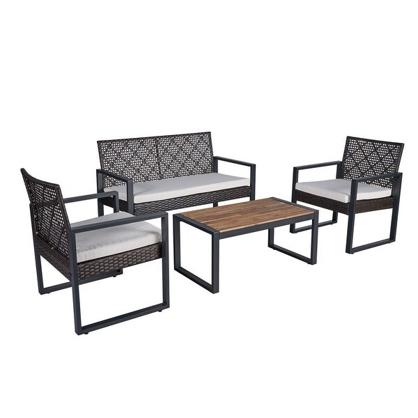 4Piece Acacia Wood Table Top Patio Furniture Conversation Set for Balcony Porch Garden Backyard Lawn