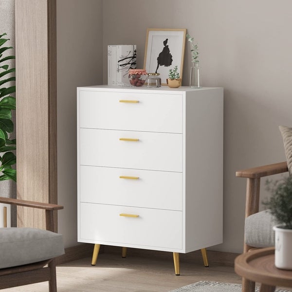 4 Drawers Chest， Modern Drawers Dresser with Gold Metal Legs Wood Storage Cabinet， Chest of Drawer Cabinet - as picture - - 37669013