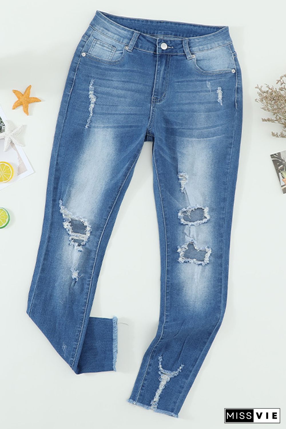 Faded Mid High Rise Jeans with Holes