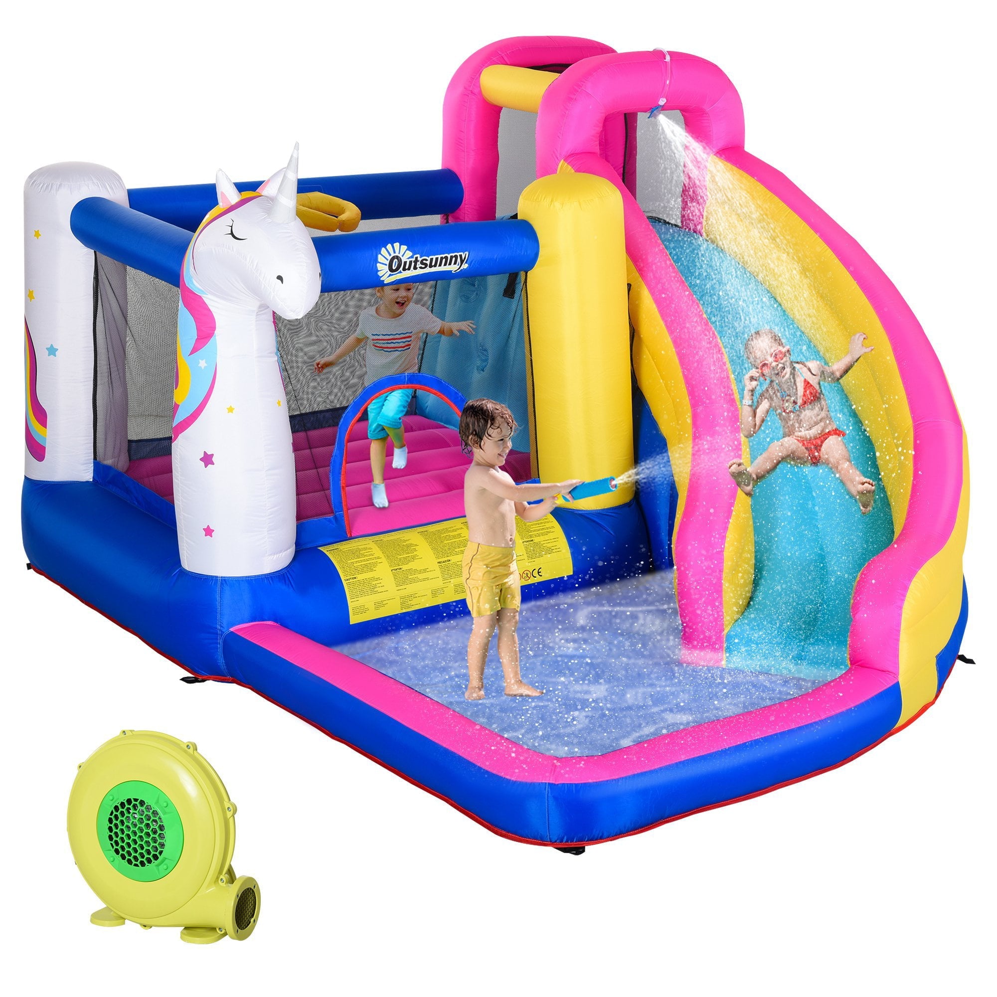 Outsunny Inflatable Water Slide 5 in 1 Bounce House Castle with Air Blower for 3-10 Years