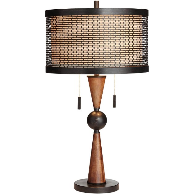 Tall Cherry Wood Bronze Metal Double Drum Shade For Bedroom Living Room House