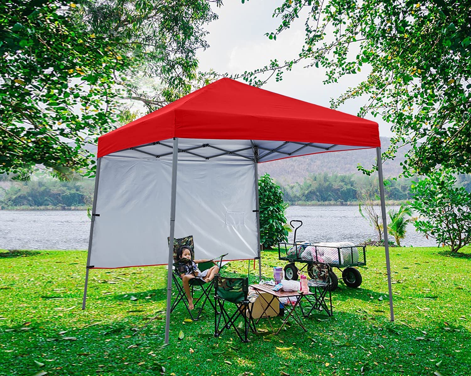 ABCCANOPY 8 ft x 8 ft Outdoor Pop up Slant Leg Canopy Tent with 1 Sun Wall and 1 Backpack Bag - Red