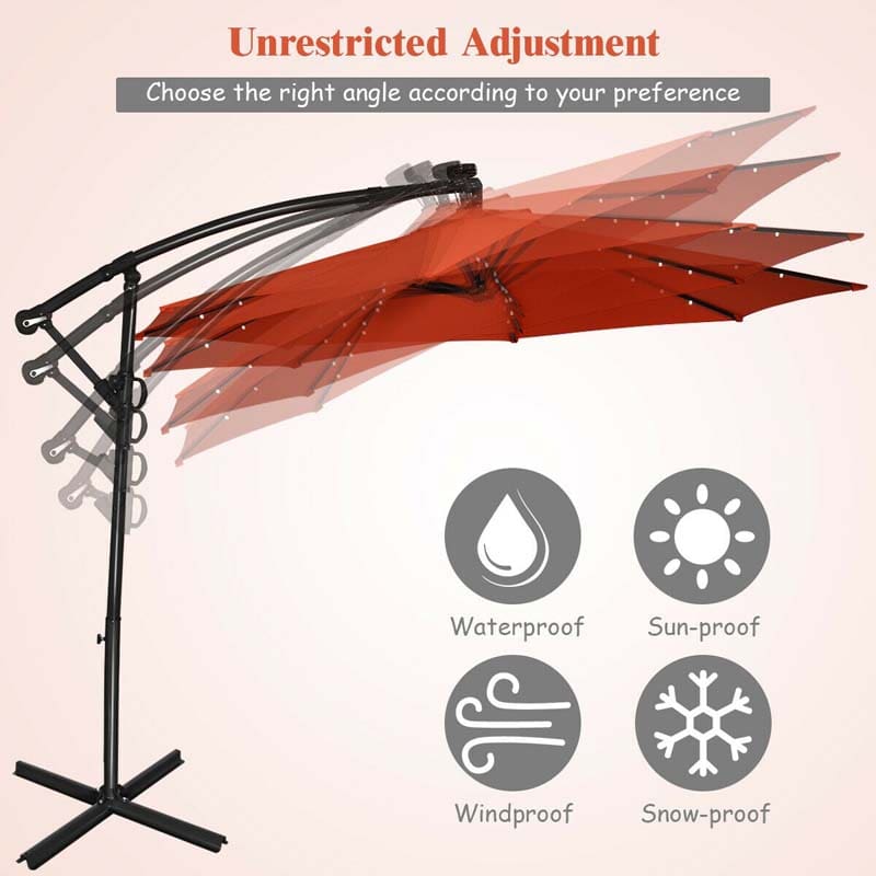 10 FT Patio Offset Umbrella with Solar Lights 360° Rotation Outdoor Market Umbrella with Crank Handle & Cross Base