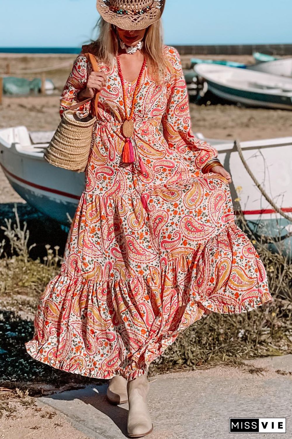 Orange Boho Holiday Paisley Print Tiered Long Sleeve Maxi Dress