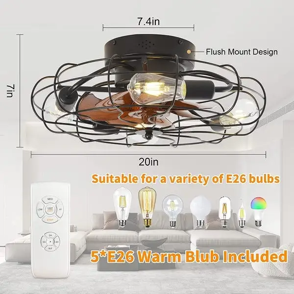 Black cage flush mount ceiling light with fan and remote control 5 light ceiling light fixture