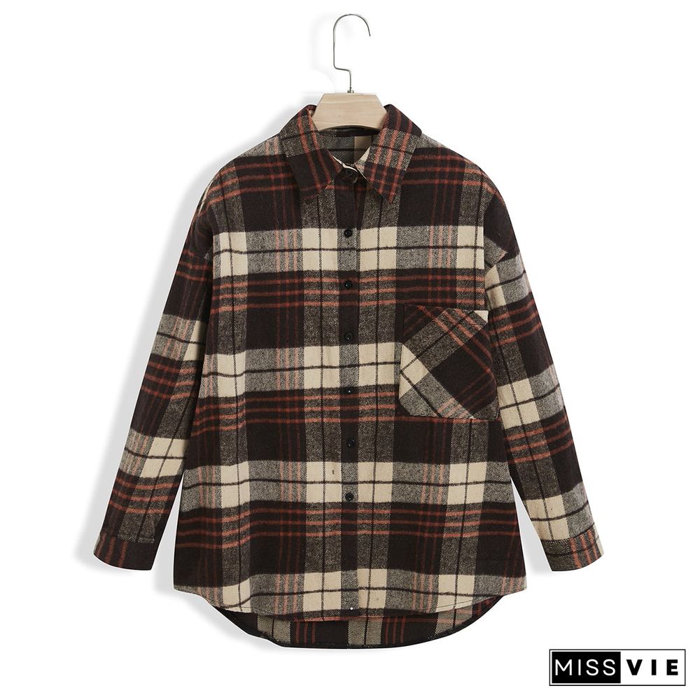 Plus Size Plaid Pocket Button Shirt Shacket