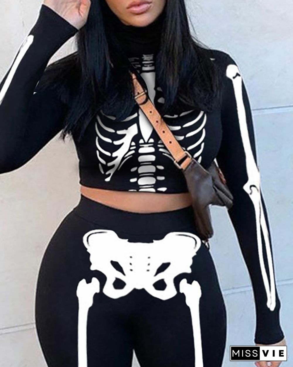 Skeleton Print Crop Top & High Waist Pants Set