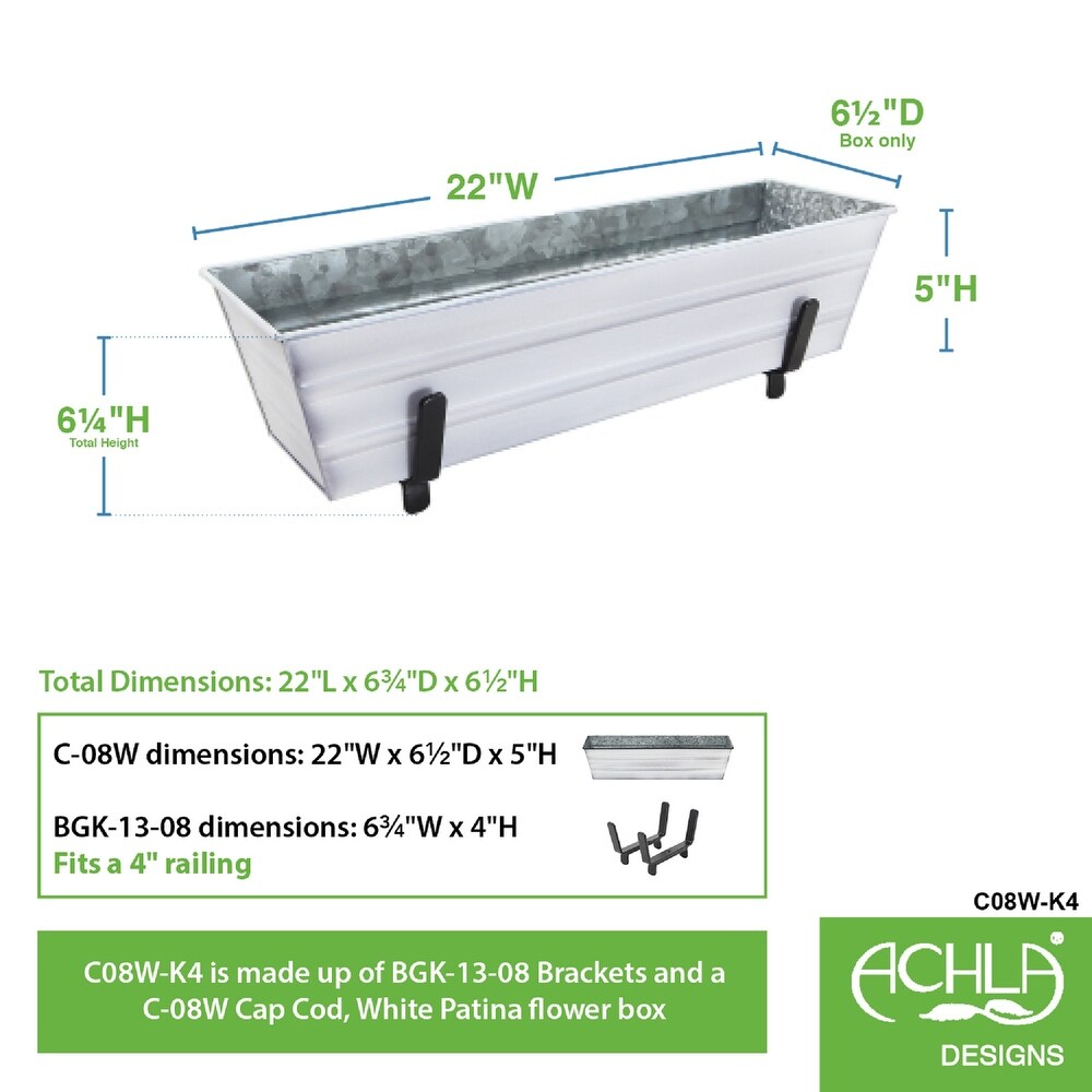 Achla Designs Small Galvanized Steel Flower Box Planter With Brackets for 2 x 4 Railings  22 Inch Wide  Cape Cod White