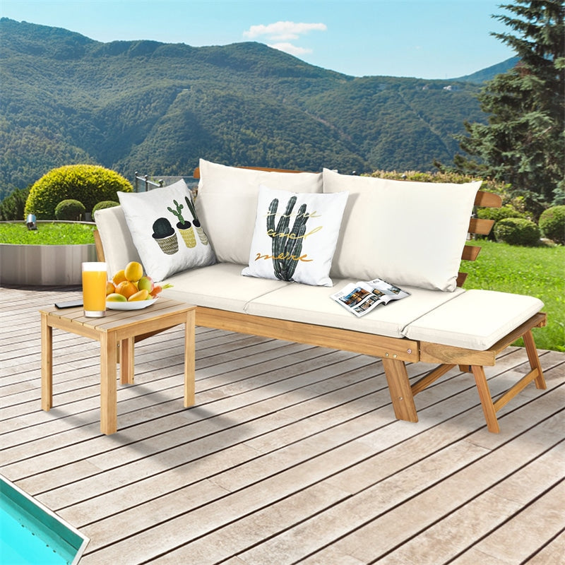 Acacia Wood Patio Daybed Convertible Couch Sofa Bed, Outdoor Folding Chaise Lounge Bench with Adjustable Armrest