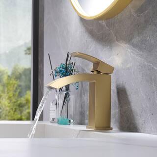 FLG Single-Handle Single-Hole Waterfall Bathroom Sink Faucet Brass Vanity Taps with Deckplate Included in Brushed Gold KK-0057-BG